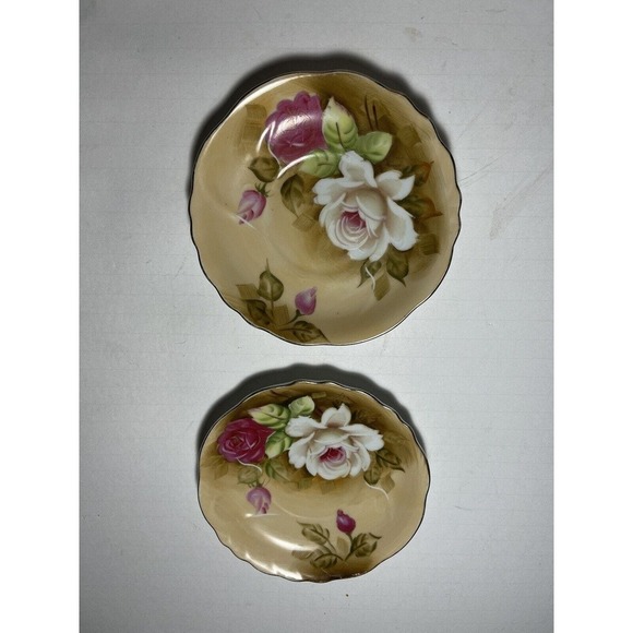 Lefton Rose Porcelain Plates Coffee Saucers Set 2 Hand Painted 6" Gold Gilt - Picture 1 of 7